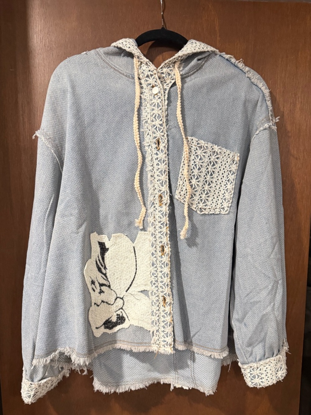 POL Light Blue Crochet Accent Hoodie Denim Jacket
